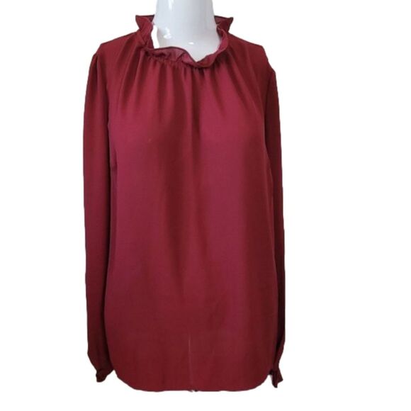 NEW Main Strip Boutique Blouse burgundy ruffle collar semi sheer Small & Large - Picture 4 of 13